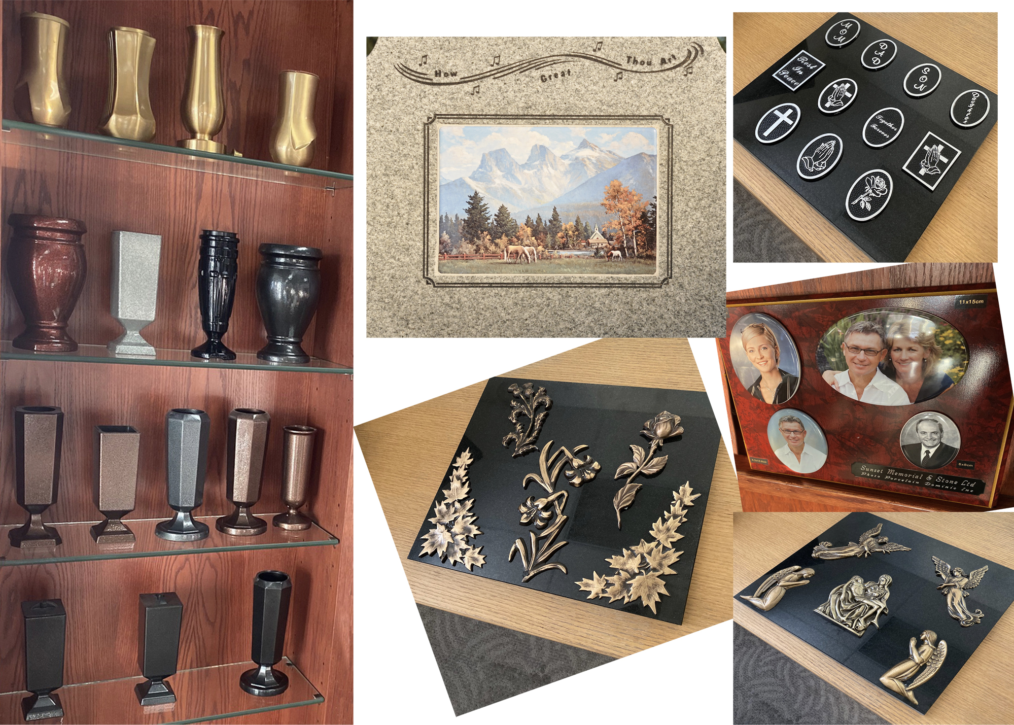 Headstone Vases, Monument Cameos, Bronze and Silver Monument Appliques
